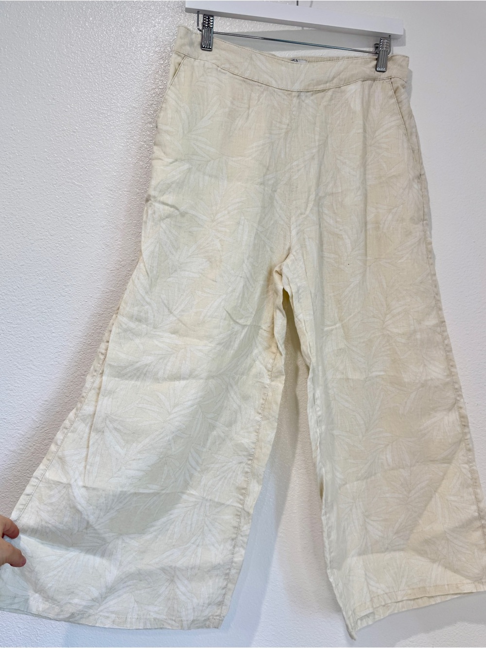 Nicole Miller Light Yellow White Palm Leaf Cropped 100% Linen Wide Leg Pants L
